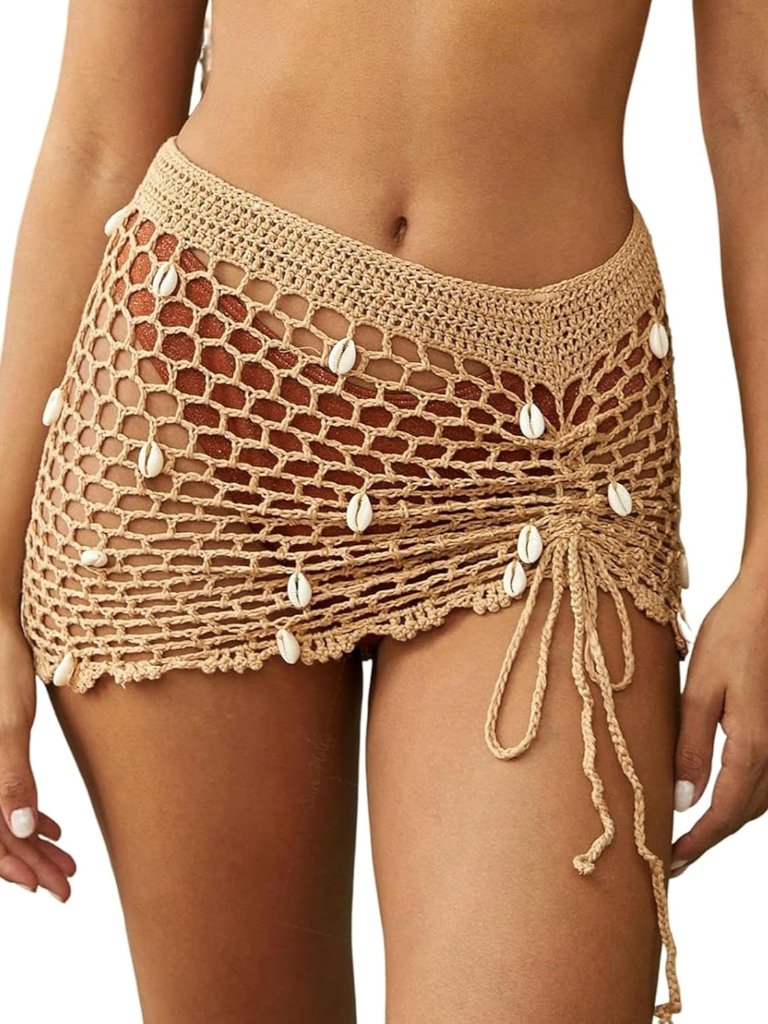 Women's Pure Hand Crochet Hollow Out Shell Khaki Swimwear Swimsuit Cover Up Beac
